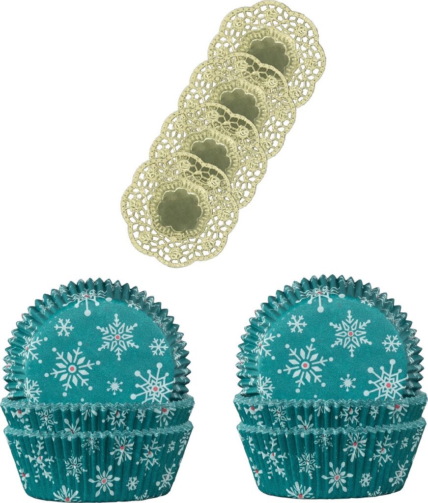 Demmler Muffinförmchen 2er Set - Schneeflocken - Inklusive 4 Tassendeckchen in Gold - zum Backen und Verzieren von leckeren Muffins/Kuchen