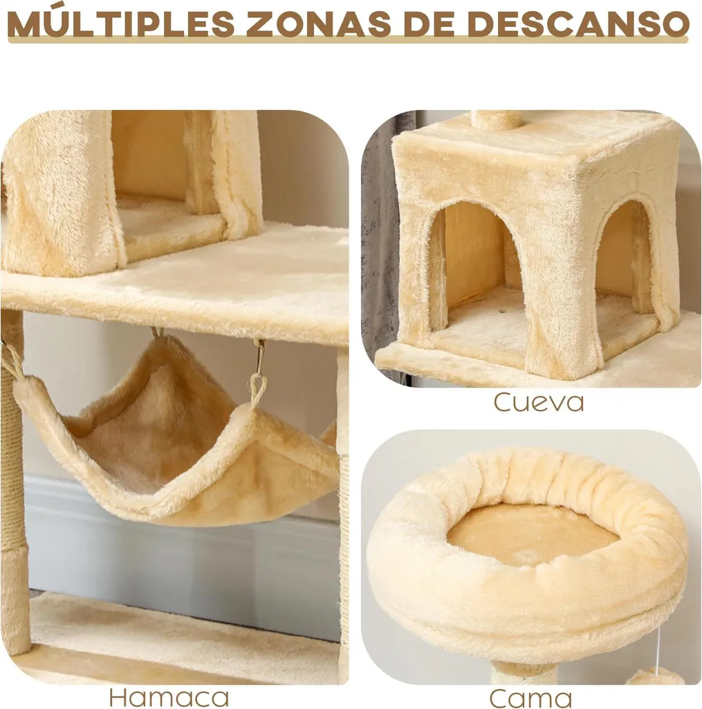 Arbre à chat en bois E1 et peluche beige - Tour 152 cm avec grotte & hamac - 5