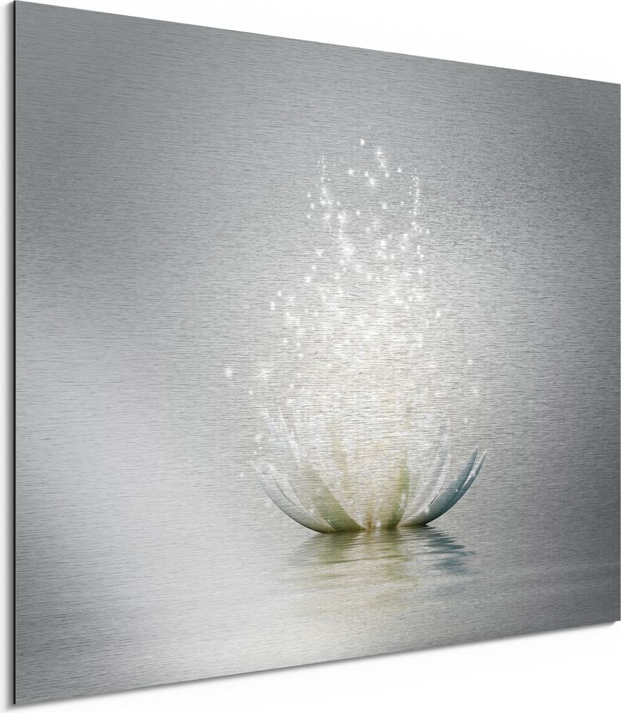 DEQORI Alu-Dibond Bild Silber 40x30 cm 'Funkelnde Lotusblüte' Wandbild Metall dünn Design