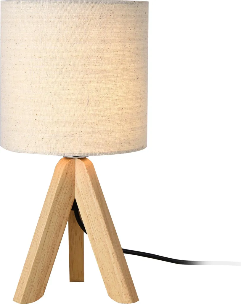 Lampe trépied Koblenz en bois naturel et tissu beige pour salon E14