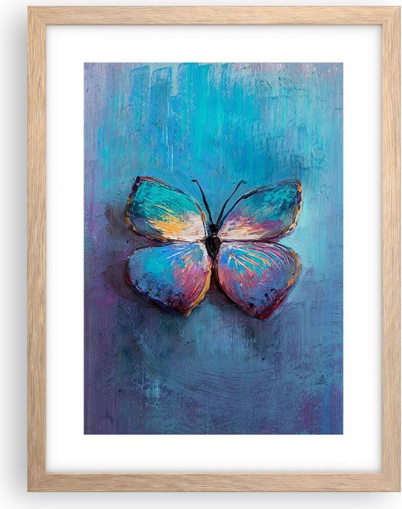 Gerahmtes Poster - Rahmen in heller Eiche - Handschriftlich Schmetterling Blau - 30x40 cm - Wand Bild - Wanddeko - Wandbilder - Kunstposter - Wandp...