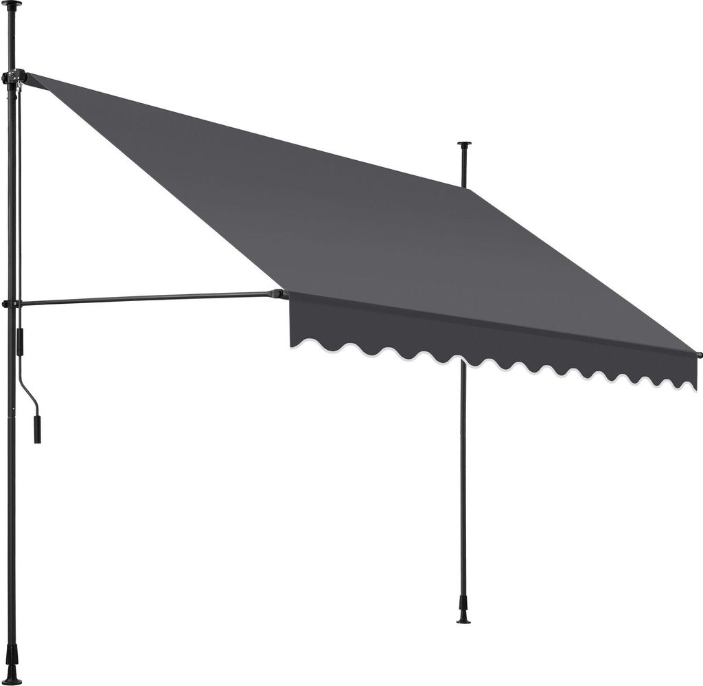 A gray awning with a scalloped edge is extended from a black pole structure against a white background.