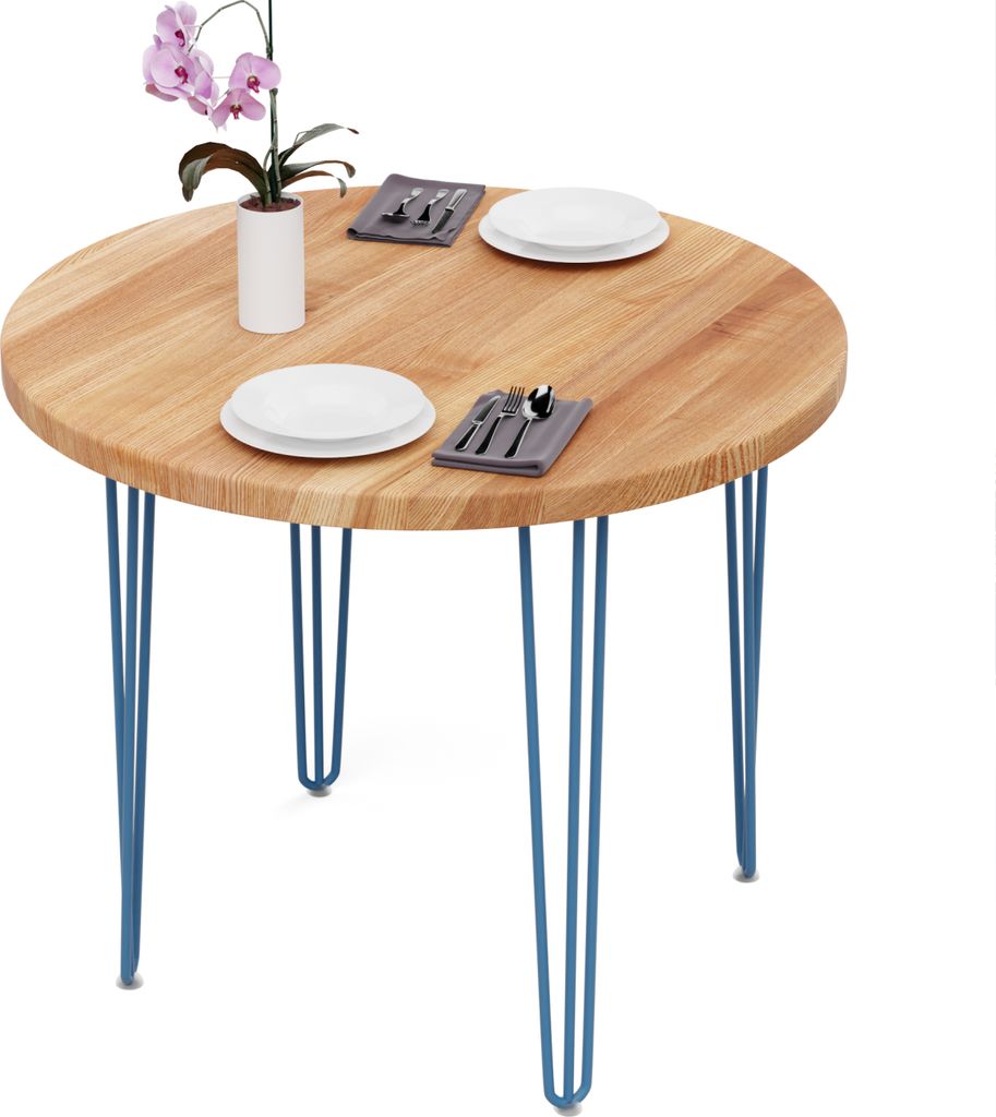 LAMO Manufaktur Esstisch rund 90 cm | Wohnzimmertisch Holz, Runder Tisch | Holztisch für Küche, Esszimmer| Stärke: 40mm, Farbe: Dunkel, Beine: Blau