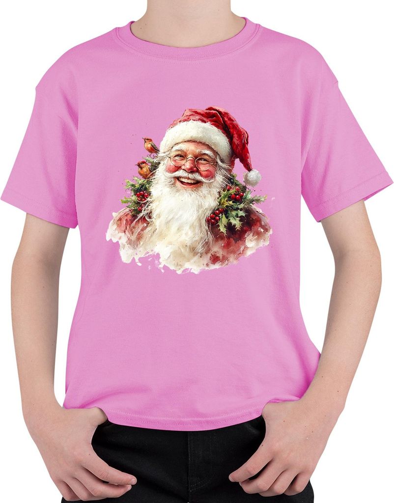 Weihnachtsmann Aquarell Vintage Stechpalme Rotkehlchen Geschenk Uni Kinder T-Shirt, Pink, 152