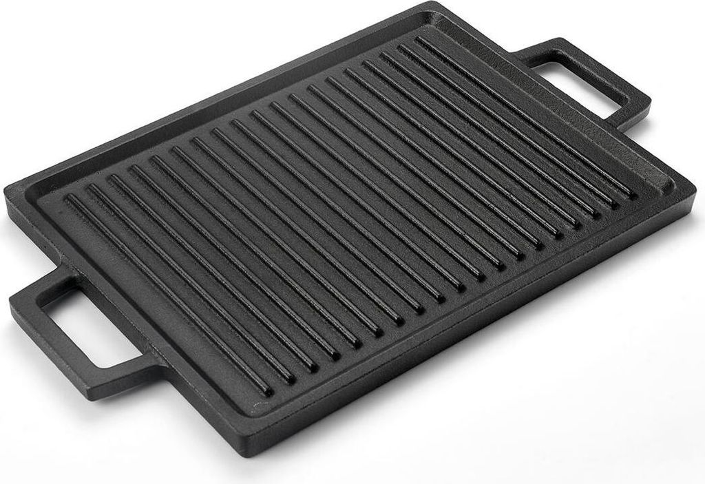 A black cast iron grill pan with handles is shown on a white background.