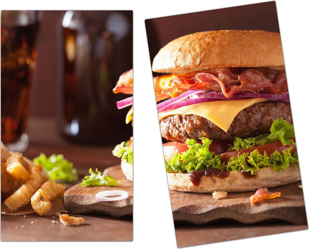 Spritzschutz Herdabdeckplatte Schneidebrett aus Glas Ein Riesenburger 2-Teilig (60x52cm)