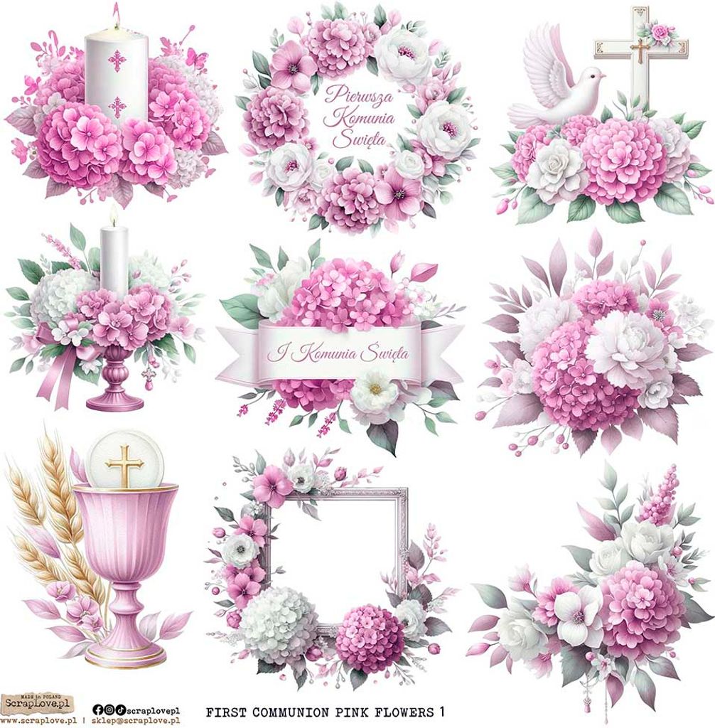 AUFKLEBER ScrapLove Dekor Stickers - First Communion Flowers Pink 1