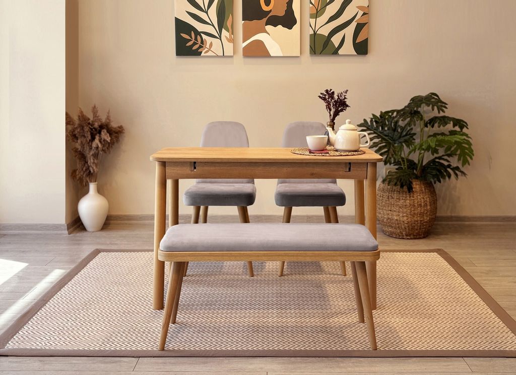 Skye Decor, Vina Mini 01 0701 - Oak, Soho Grey, Set aus ausziehbarem Esstisch und Stühlen (4-teilig), Eiche, 100 % MELAMINBESCHICHTETE SPANPLATTEN...
