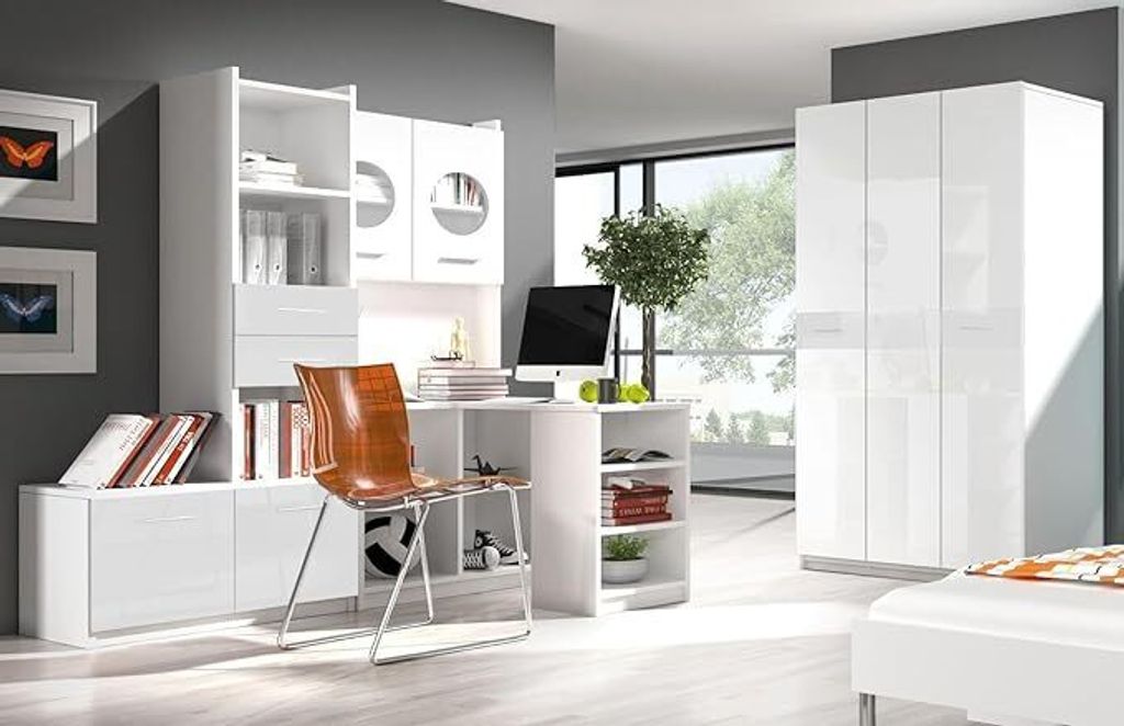 Generisch Jugendmöbel TOMI Schrank/Regal mit Schreibtisch/Regal Kindermöbel Hochglanz Jugendzimmer Komplet (Weiß/Weiß)