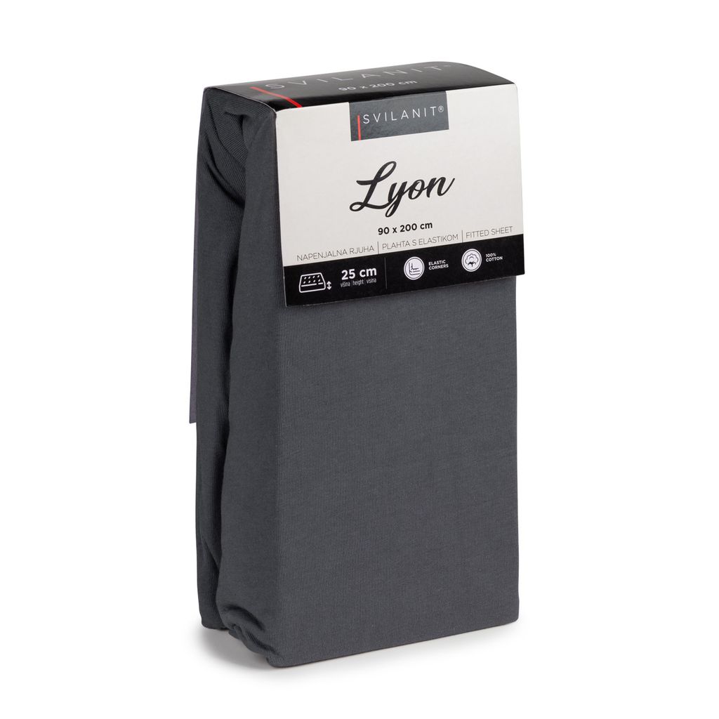 A fitted sheet is shown folded and packaged with its product label.