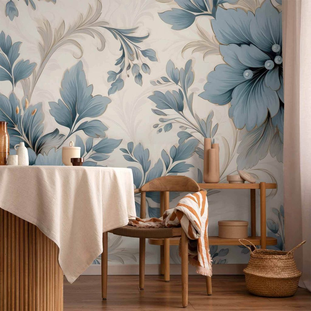 Vlies Fototapete - Turquoise Flowers in Retro Ambience - Floristic Ornaments 450x315 cm Blumen b-H-10011-a-a