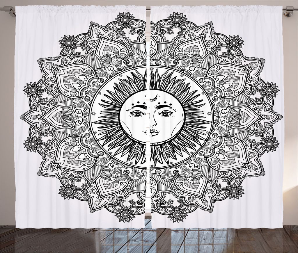 ABAKUHAUS Schwarz-Weiss Rustikaler Vorhang, Boho Blumen, Wohnzimmer Universalband Gardinen mit Schlaufen und Haken, 280 x 245 cm, Weiß und Schwarz