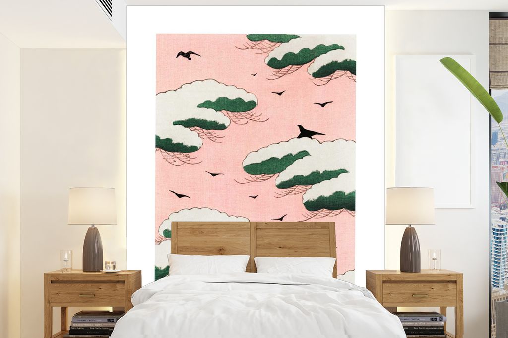 MuchoWow Fototapete für Wohnzimmer oder Schlafzimmer Wandtapete Vinyl Motivtapete Wolken - Vogel - Japan - Design - 165x220 cm - Wanddekorationen