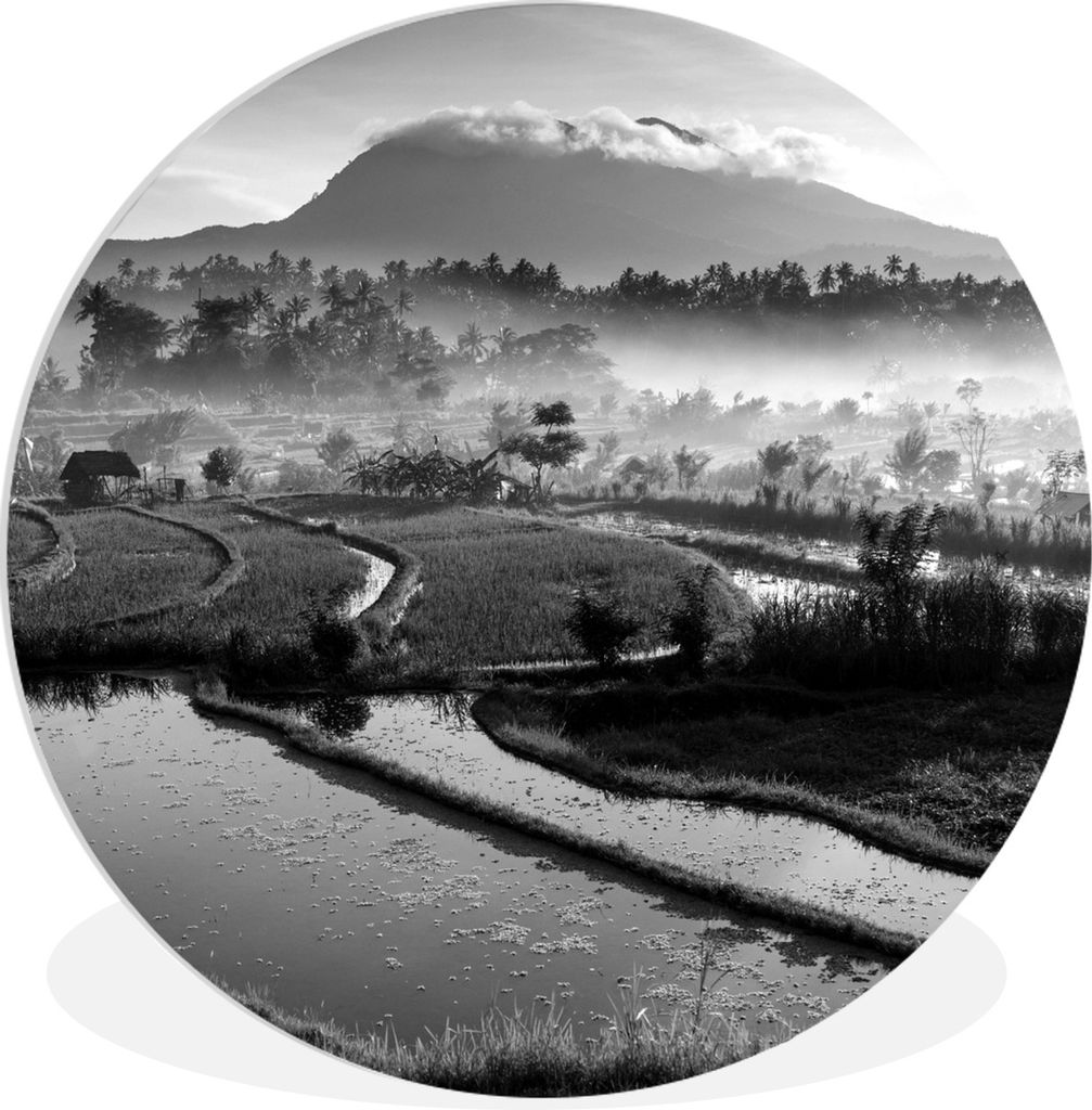 MuchoWow Rundes Wandbild - Runde Bilder Indonesien - Reis - Nebel - Schwarz und weiß Ø 30 cm Kreis Wanddekoration Kunststoff - Wandkreis - Wand...