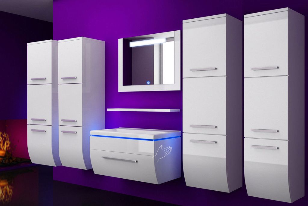 Badmöbel set Weiss 190 cm Hochglanz Badmöbel Set 210 cm Bad möbel Komplett Set Incl Led System Fertig Montiert Lackiert 6 Teilig Badezimmer Hoch...