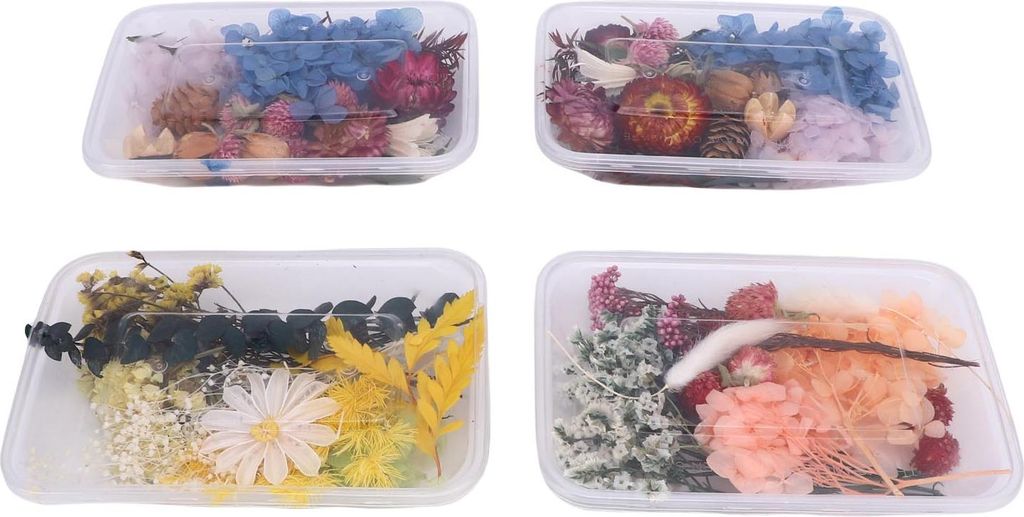 4 Boxen Trockenblumen, niedlich, elegant, lebendige Farben, trocken und Pflanzen-Set für die Herstellung von Aromatherapie-Kerzen, Fächer-Fotorahmen