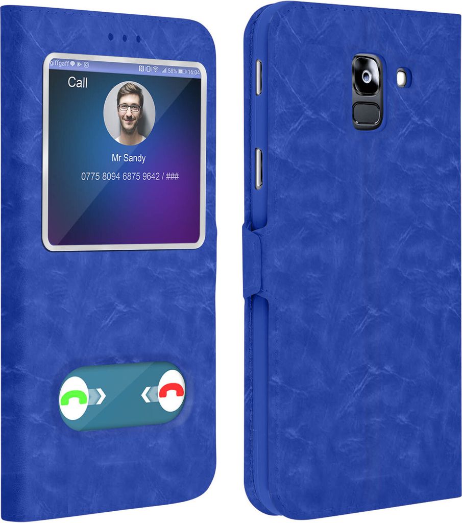 Samsung Galaxy J6 Flip Cover Doppelfenster & Standfunktion – Blau