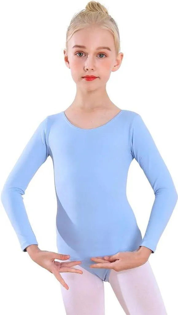 Justaucorps fille bleu ciel, manches longues et coton extensible doux