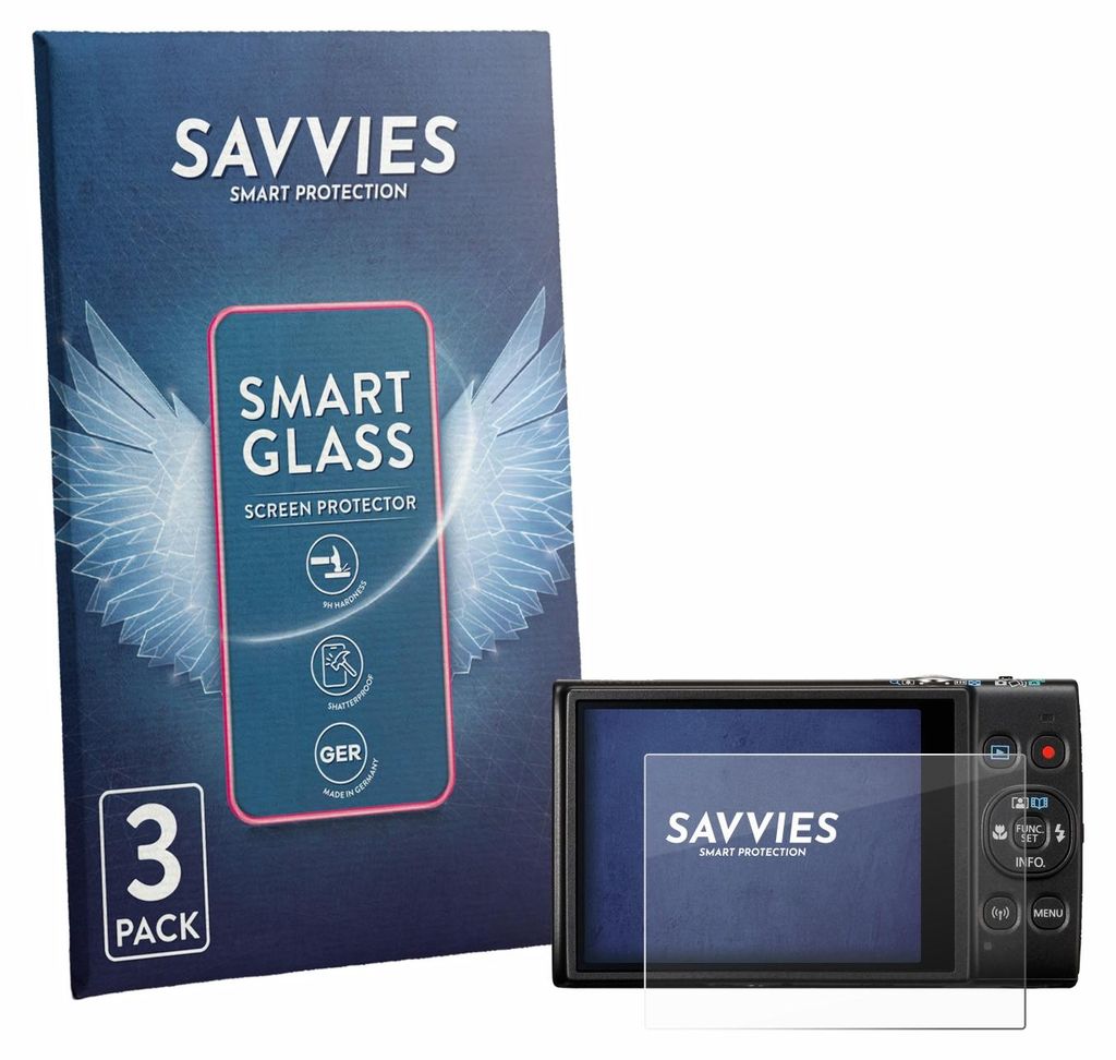 3x Savvies Schutzglas Folie für Canon Digital Ixus 285 hs 9H Panzer Schutzfolie Glas Displayschutz klar transparent