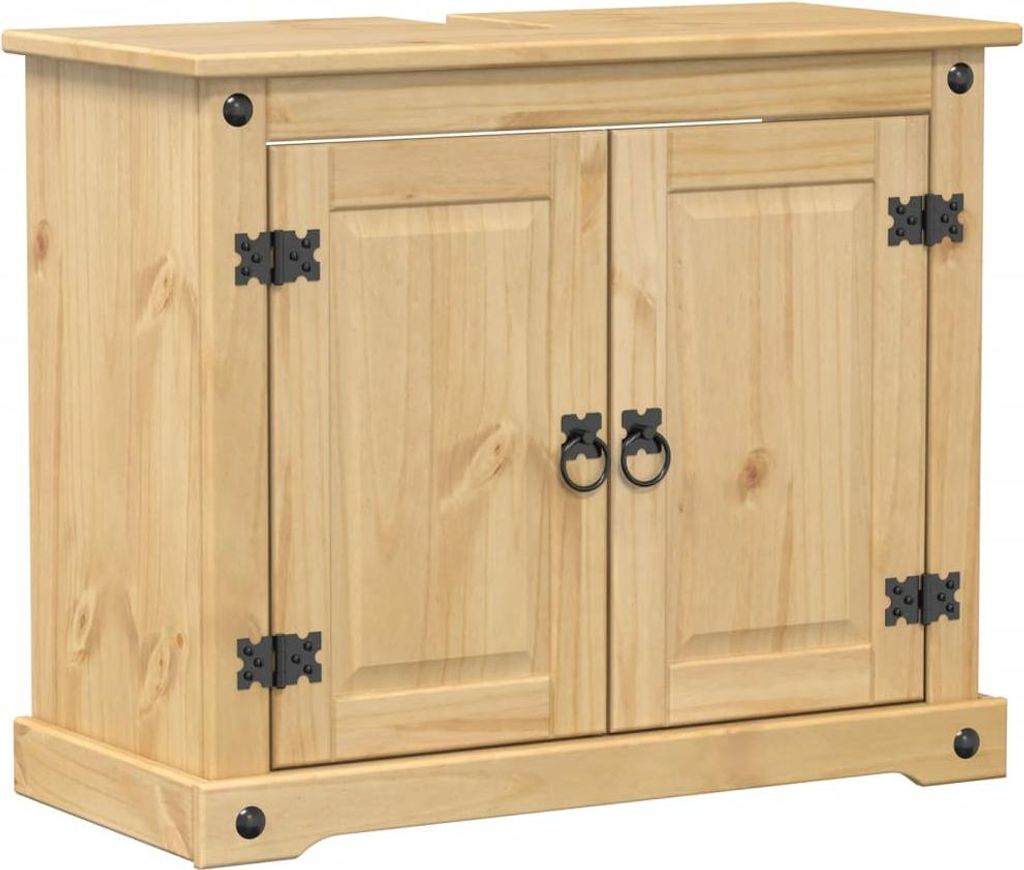 A light brown wooden cabinet with two doors and black metal hardware.