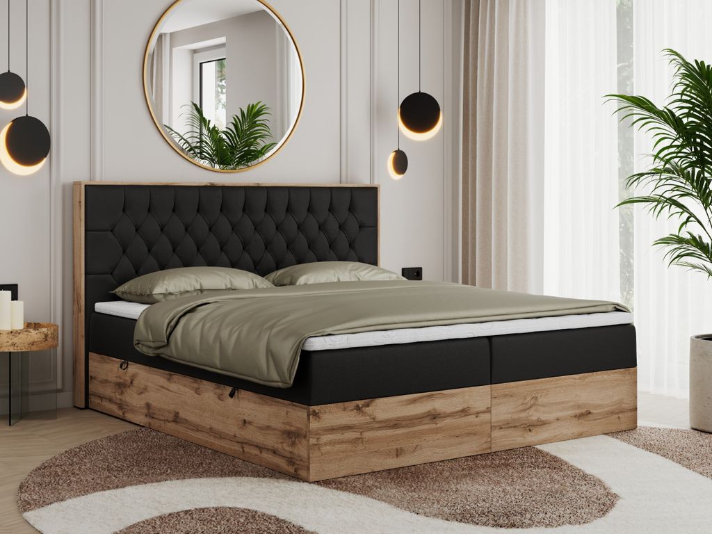 MKS MEBLE Boxspringbett 140x200 mit Bettkasten Eiche, Polsterbett 140x200 mit Matratze H4, Bett 140x200 mit Kopfteil, Bett mit Holzrahmen in Wotan ...
