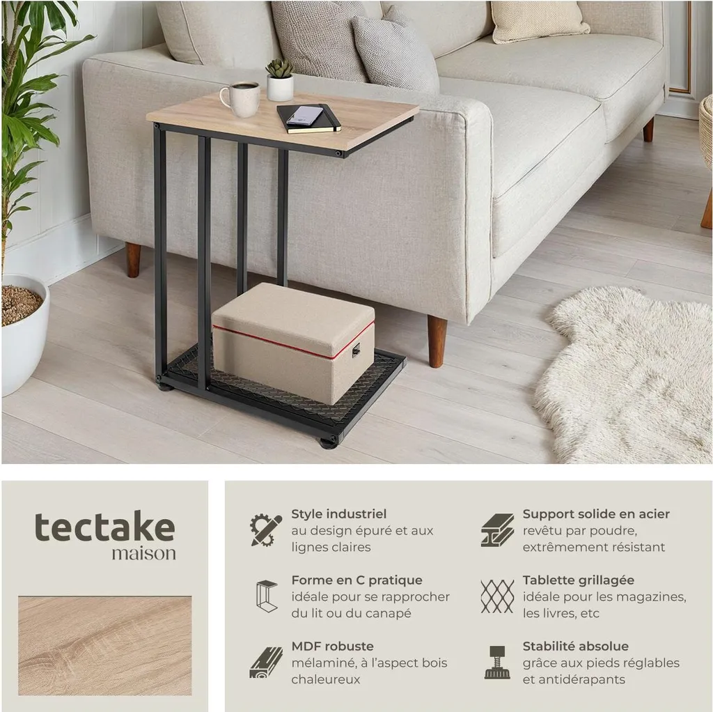Table d'appoint industrielle ETON 48x35 cm avec plateau chêne Sonoma