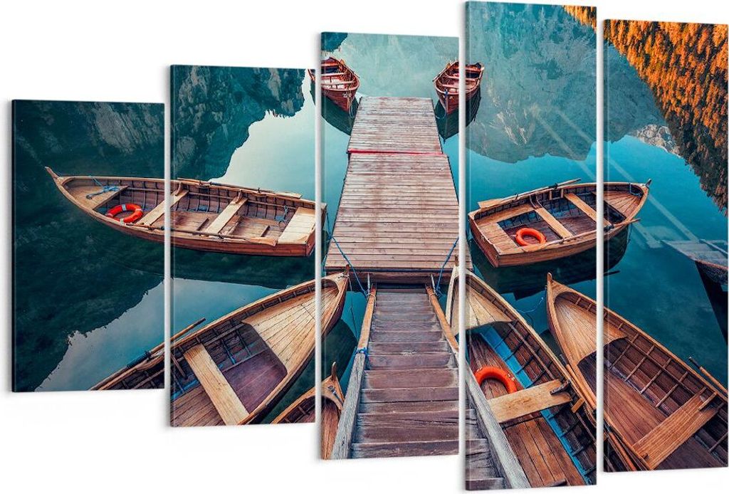 Bild auf Leinwand - Leinwandbild - Berge Boot Wasser - 150x100cm - Wand Bild - Wanddeko - Leinwanddruck - Bilder - Kunstdruck - Wanddekoration - Le...