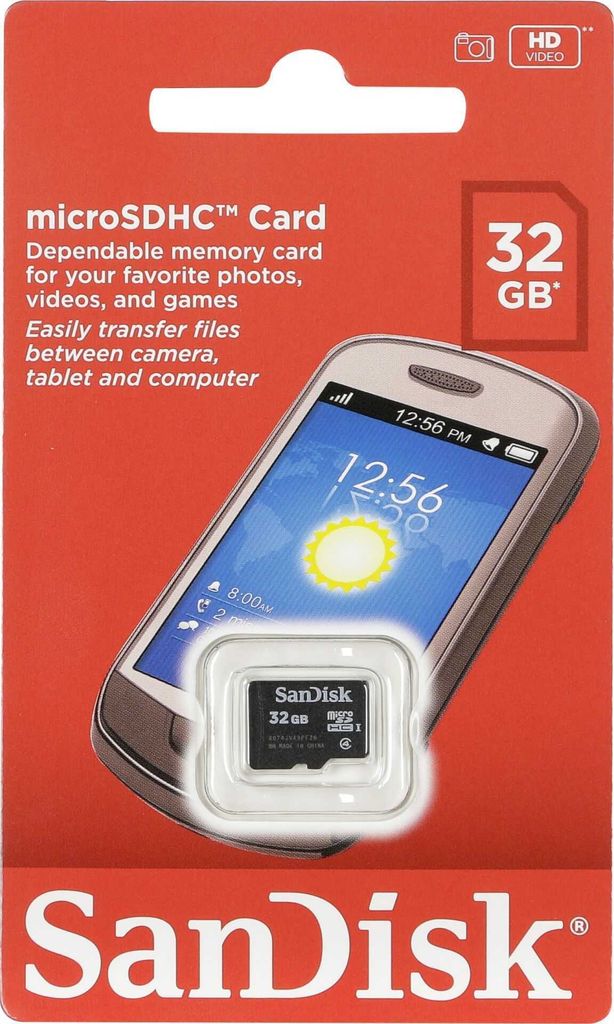 A SanDisk MicroSDHC card packaging with a smartphone image.