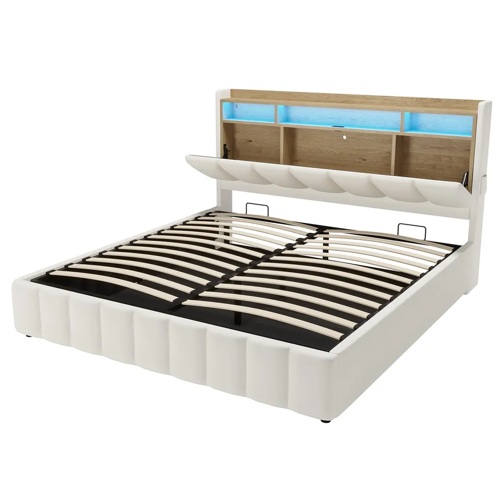 Lit beige 160x200 cm anti-encombrement avec LED et prises USB intégrées - 8
