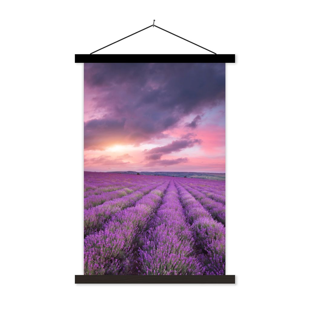 MuchoWow Textilposter Lavendel - Lila - Wolken - Blumen 60x90 cm mit schwarzem Rahmen - Poster Wohnzimmer