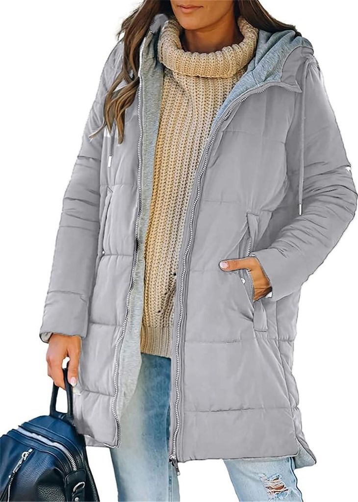 ASKSA Damen Wintermantel Lang Daunenmantel Steppmantel Jacke Einfarbige Winter Warm Reissverschluss Daunenjacke mit Kapuze (Hellgrau,L)
