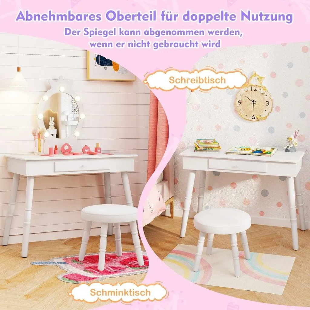 Coiffeuse Enfant Blanche - Solution Gain de Place avec Miroir Amovible