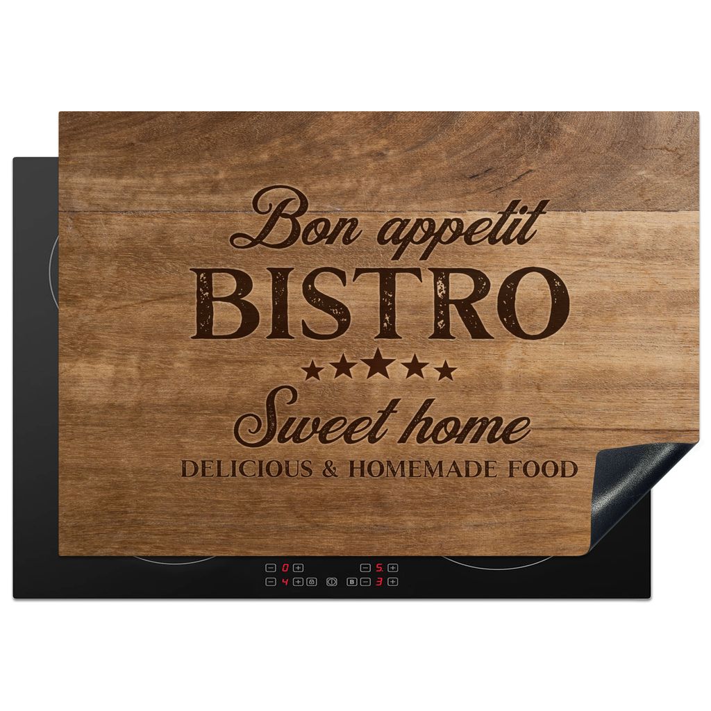 KitchenYeah Herdabdeckplatte Zitat - Bistro - Holzstruktur , 75x52cm, Küche Deko, Glaskeramikkochfeld Herdabdeckung, Abdeckplatte fùr Kochfeld