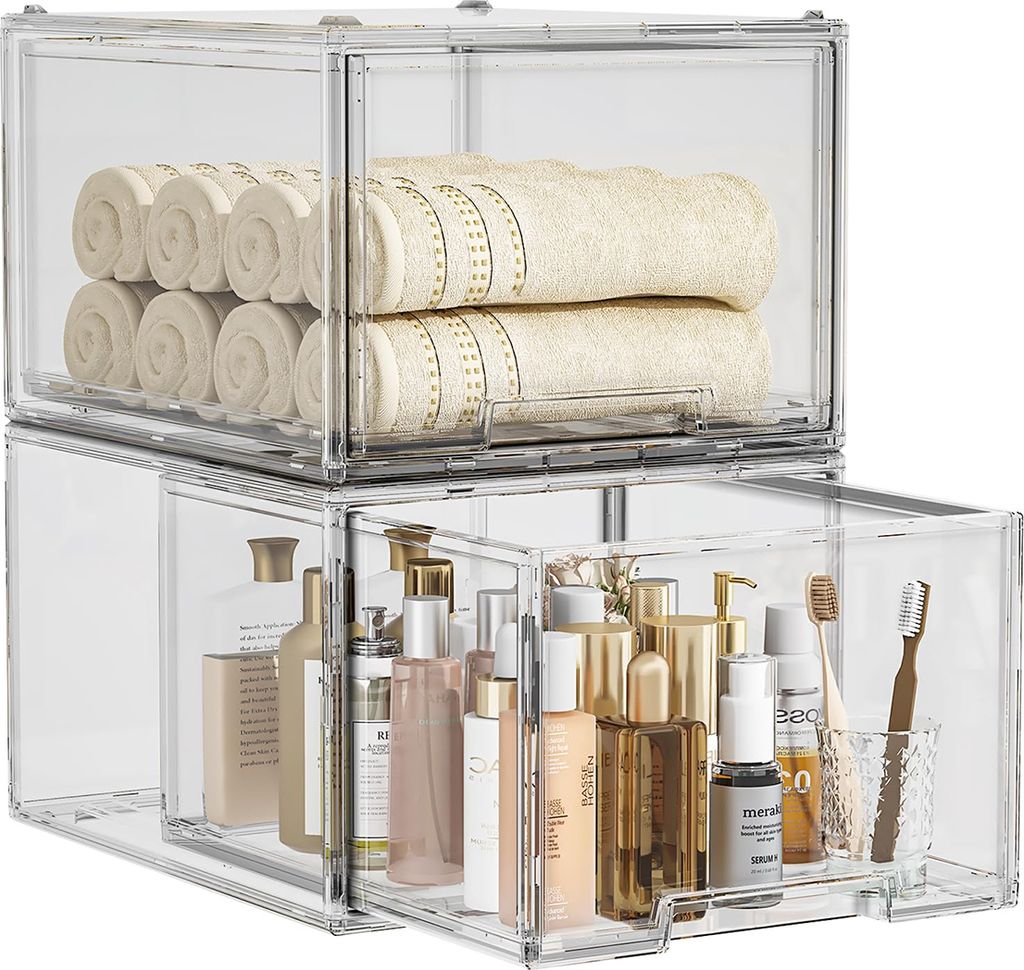 2 große stapelbare Schubladen, Acryl Transparent Bad Schlafzimmer Eitelkeit Make-up Lagerung, 36*27*22cm