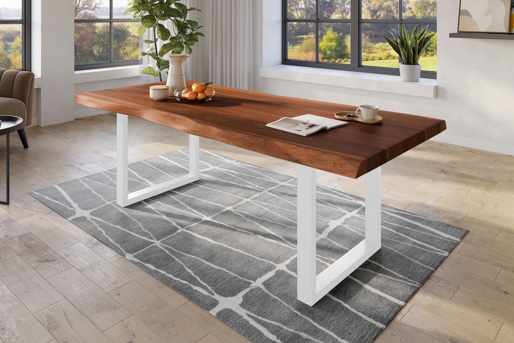Baumkantentisch 240 x 110 cm Esstisch massiv Akazie Nussbaum U-Gestell Weiß TITAN