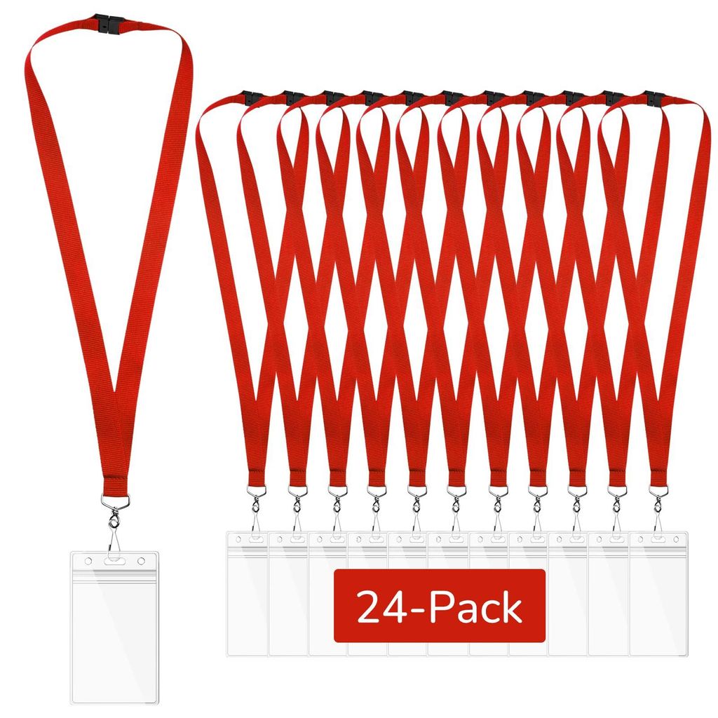 24 rote Lanyards mit wasserdichten Ausweishaltern und Polyester-Nackenbändern für Ausweise, Veranstaltungen, Büro und Schule.