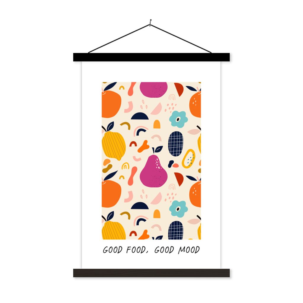MuchoWow Textilposter Gutes Essen, gute Laune - Sprichwörter - Zitate - Essen 120x180 cm mit schwarzem Rahmen - Fotos