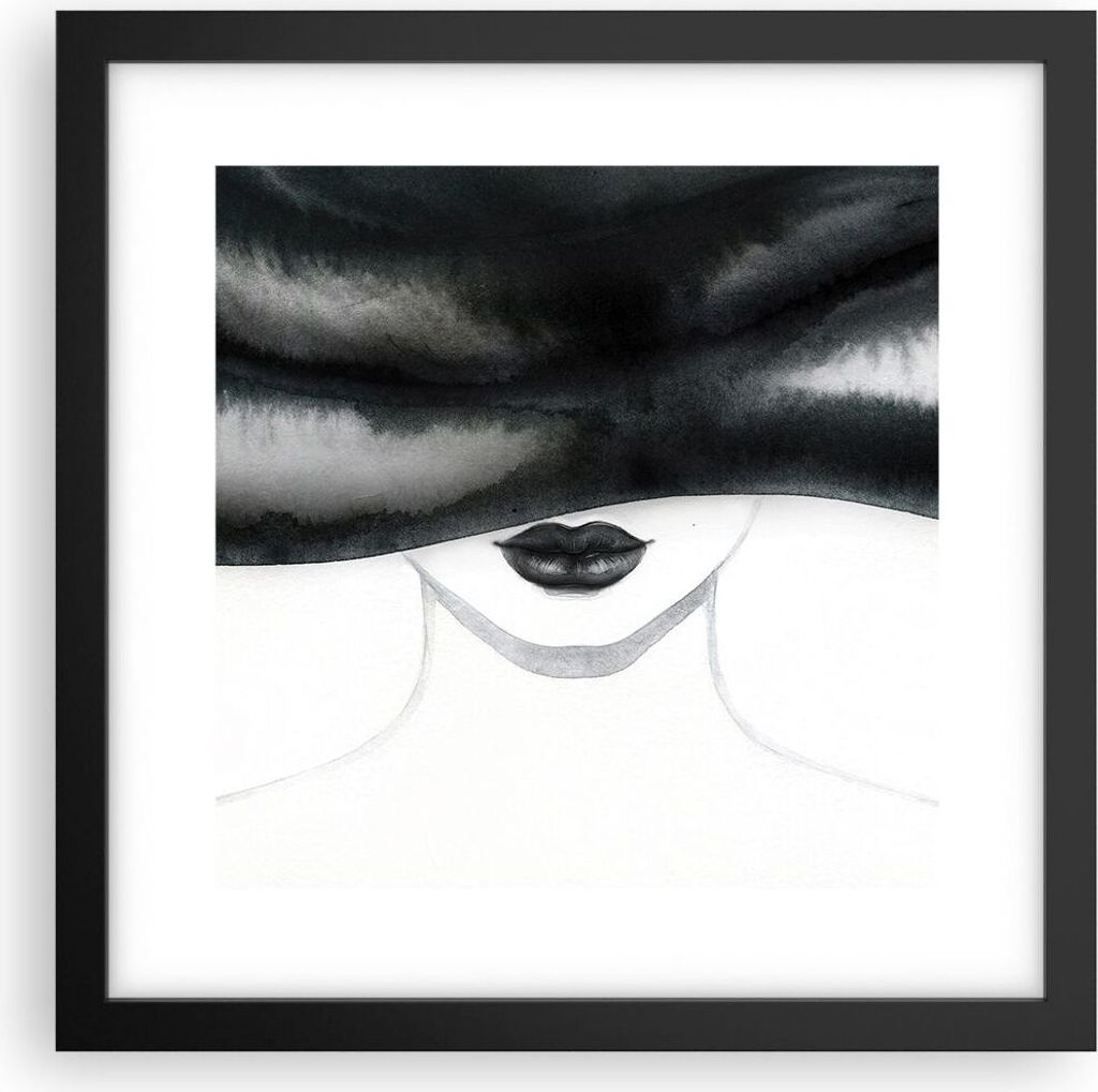 Gerahmtes Poster - Schwarzer Rahmen - Frau Hut Schwarzweiß - 30x30 cm - Wand Bild - Wanddeko - Wandbilder - Kunstposter - Wandposter - Bilderrahme...