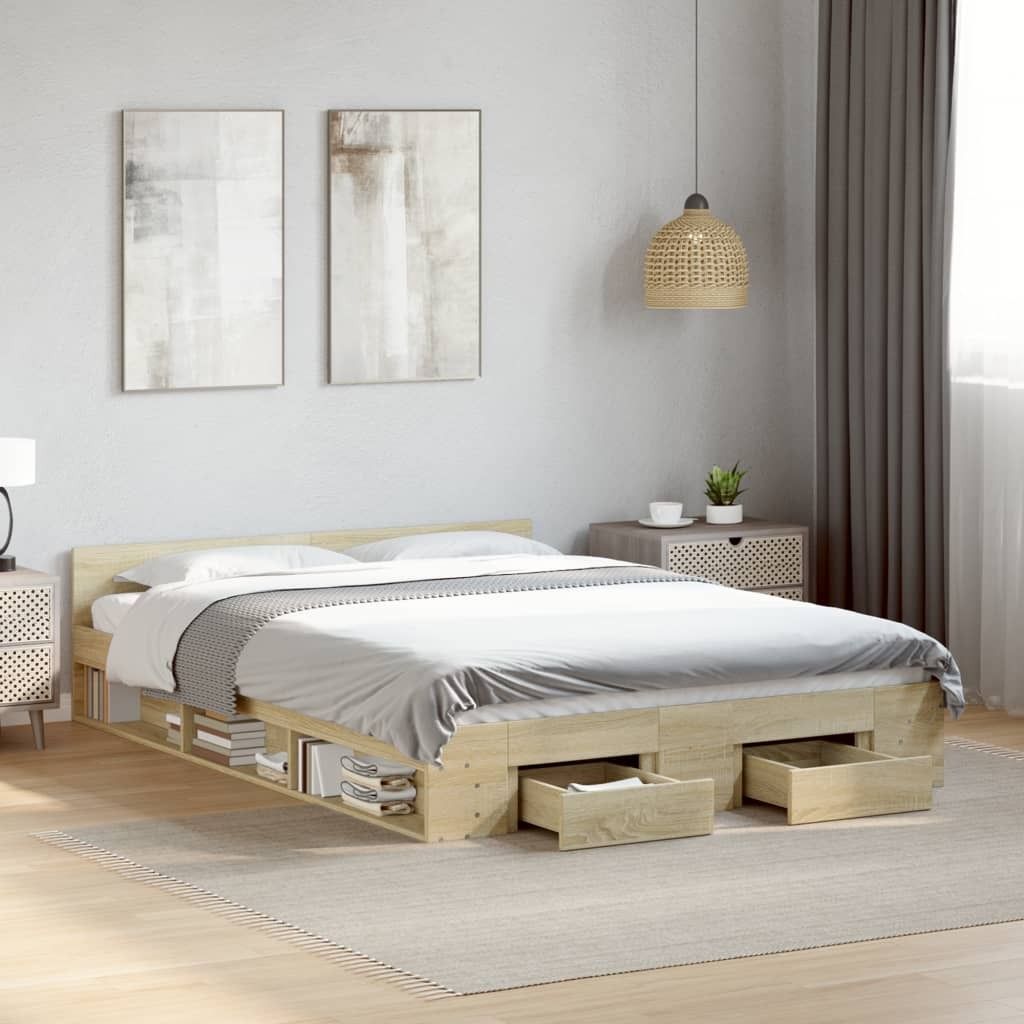 "Winterschlussverkauf "Bettgestell - CLORIS - Doppelbett - Robust und langlebig - mit Schubladen Sonoma-Eiche 160x200cm - Einfache Montage - Holzwe...