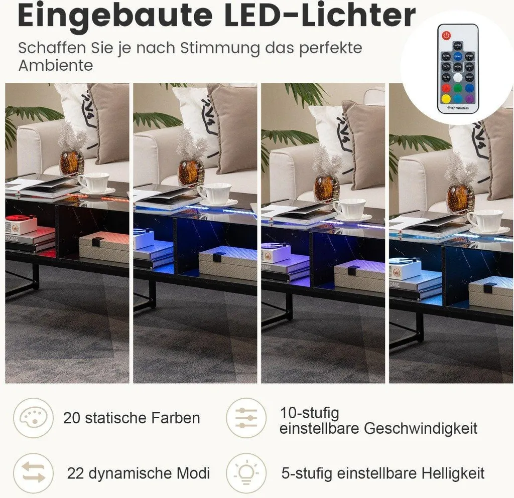 Table basse LED noire pour soirée cinéma - Aspect marbre et éclat réglable