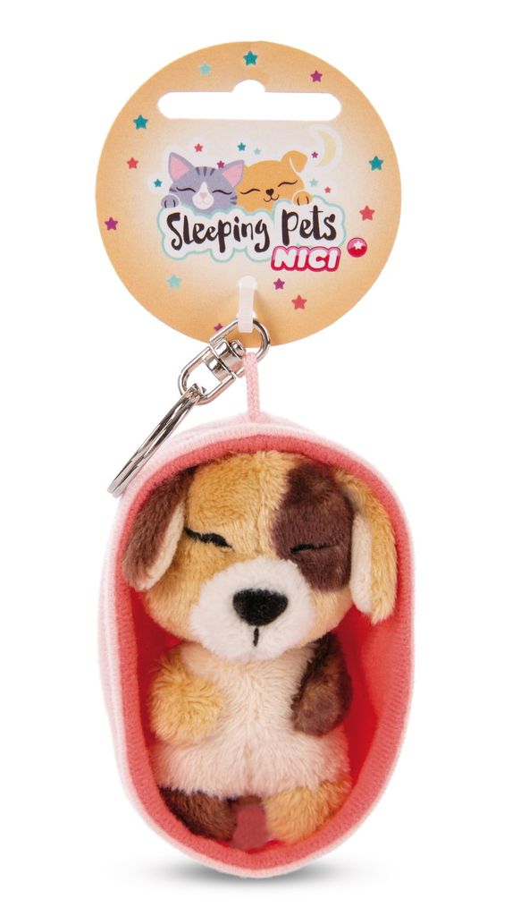NICI Schlüsselanhänger Schlafender Hund 8cm dreifarbig, Korb heller Pfirsich