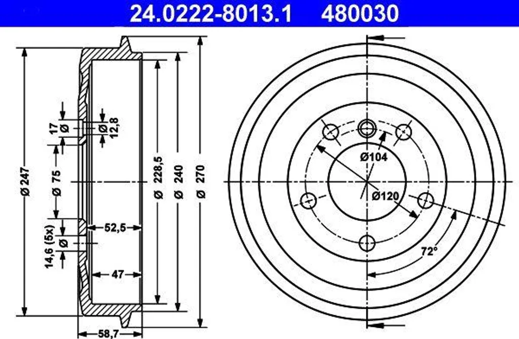 Tambour de frein ATE 24.0222-8013.1 pour BMW Série 3 E36 OE 34211159486