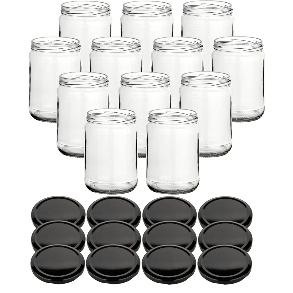 set di 12 barattoli da conserva 580 ml classic con tappo a vite nero BS - Barattoli da conserva con tappo a vite TO82 - Barattoli da conserva vuoti da riempire