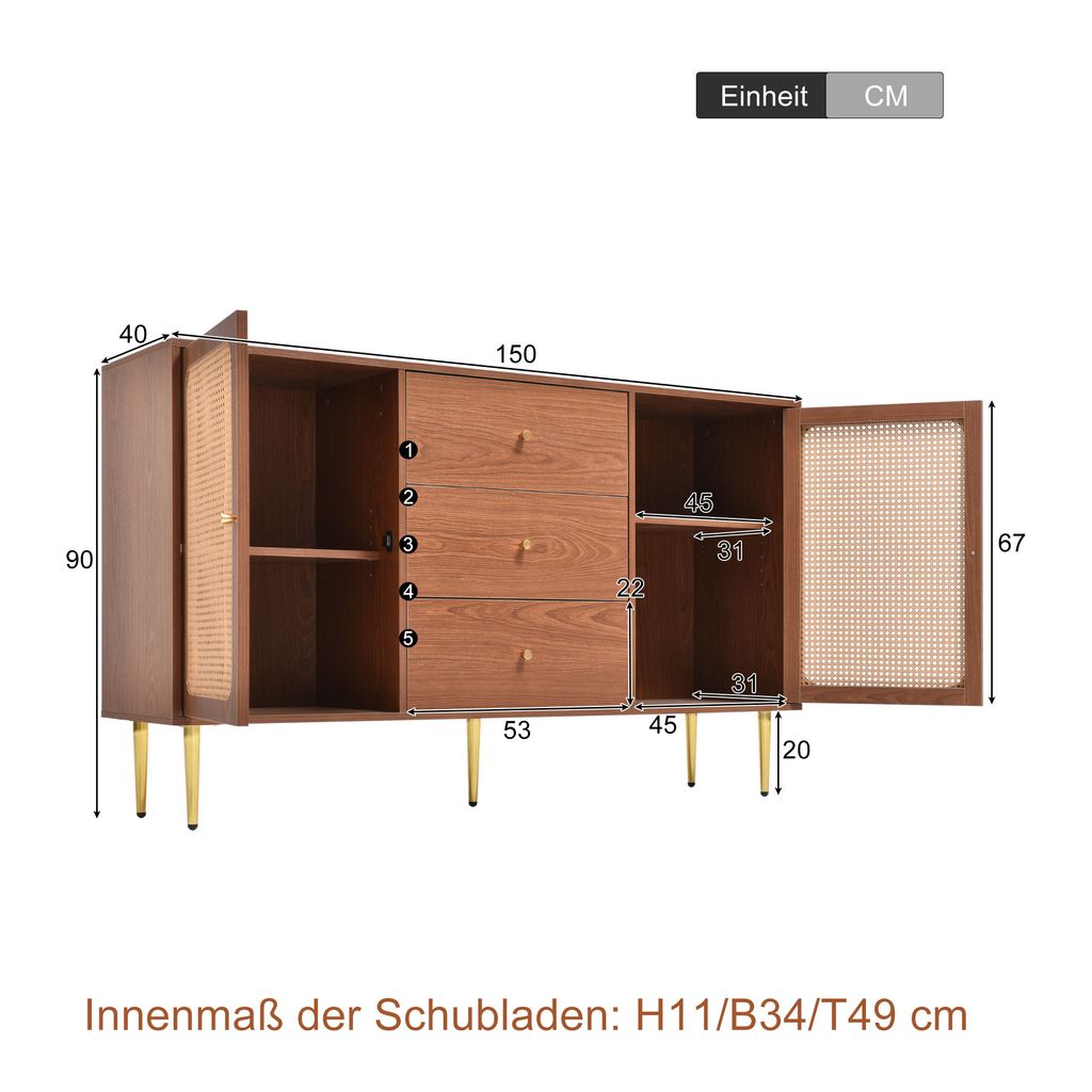 Rattanowa komoda z 2 drzwiami i 3 szufladami, regulowana Zdjęcie produktu 2