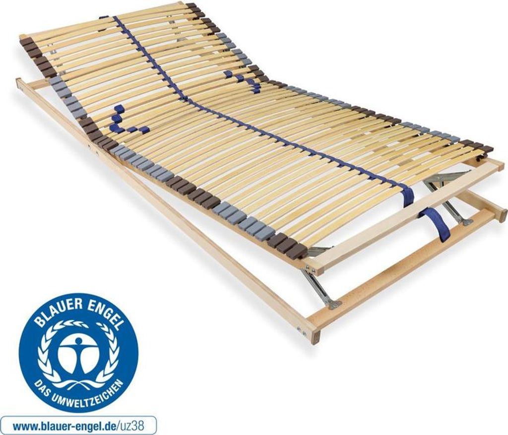 Lattenrost 100x200 cm 42 Latten fertig montiert Kopf & Fuß verstellbar Blauer Engel- 7-Zonen Traglast ca. 150 kg Birkenschichtholz