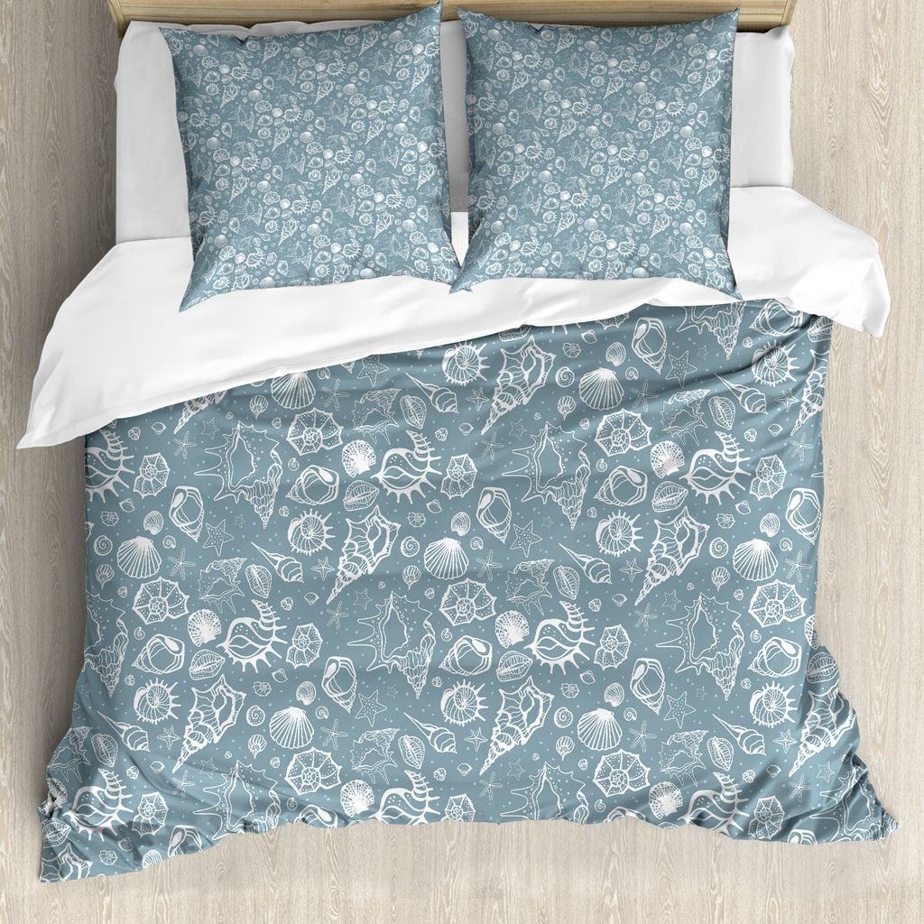 ABAKUHAUS Sea Shells Bettbezug, Gekritzel-Art-Muster, Milbensicher Allergiker geeignet mit Kissenbezügen, 155 cm x 220 cm - 80 x 80 cm, Blau, Grau...