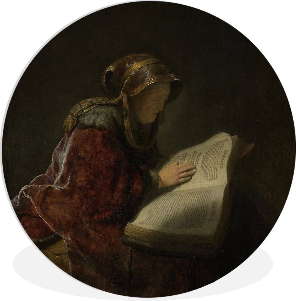 MuchoWow Rundes Wandbild - Runde Bilder Alte Frau lesend, wahrscheinlich die Prophetin Hanna - Rembrandt van Rijn Ø 60 cm Kreis Wanddekoration K...