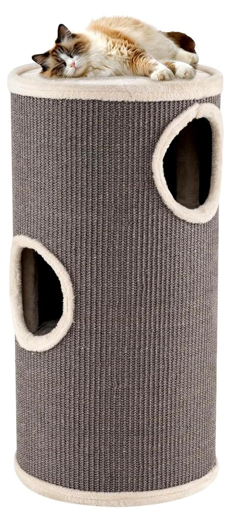 Kratztonne für Katzen, 70 cm mit 3 Höhlen, Liegefläche und Sisalkratzfläche, Grau
