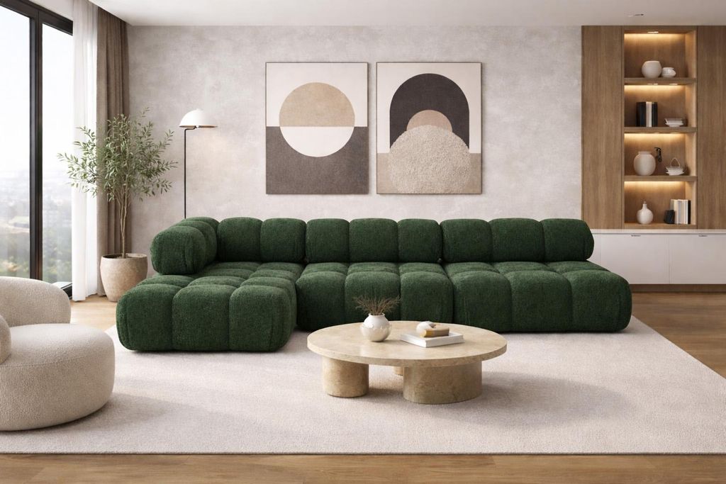 Kaiser Möbel Ecksofa Modulare L-Form, Bouclé-Stoff Abriamo, Dunkelgrün, Links, Selia