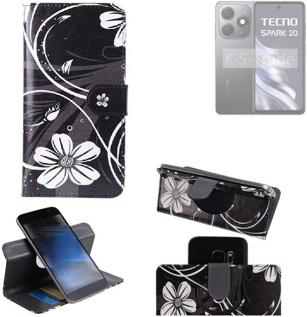K-S-Trade Schutzhülle Handyhülle kompatibel mit Tecno Spark 20 Hülle 360° Wallet Case “Flowers“ Klapphülle Hülle schwarz-weiß 1x